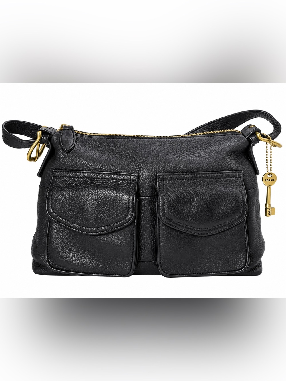 Vintage Fossil 75082 Black Leather Shoulder Bag Y2K Cargo Pocket Key Charm